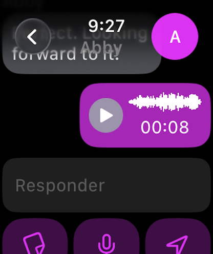 Watchagram - Watchagram messaging interface on an Apple Watch displaying a Telegram chat with a voice message and reply options