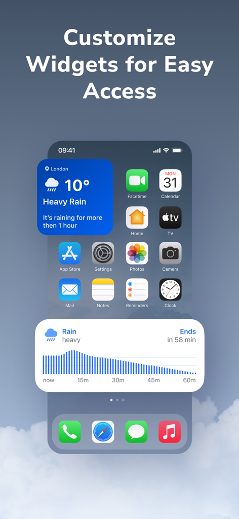 Rainbow AI: Weather Radar - iPhone home screen displaying custom Rainbow AI weather widgets with heavy rain alerts and precipitation graph.