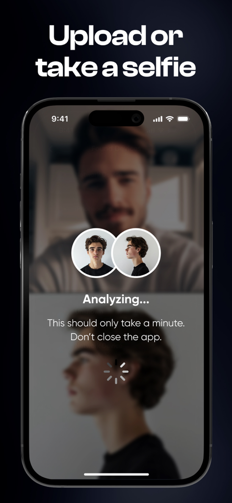 LooksMax Rate AI－Maximize Look - LooksMax Rate AI app interface showing a facial analysis in progress after uploading a selfie.