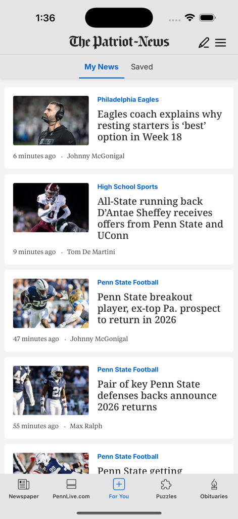 The Patriot-News mobile app interface showing a news feed with sports articles about Penn State and the Philadelphia Eagles.