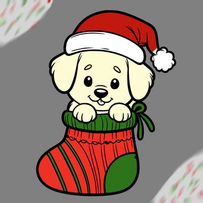 cute puppy wearing santa hat in socking