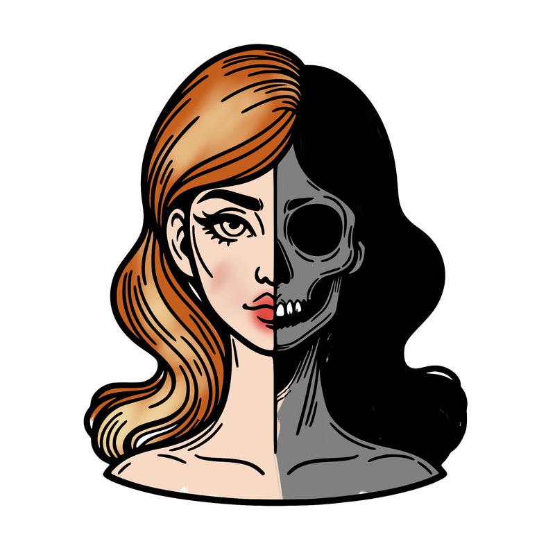 bust of a woman, half face and hair, half skull