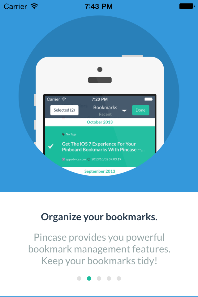 Pincase app onboarding screen showing bookmark organization features on an iPhone