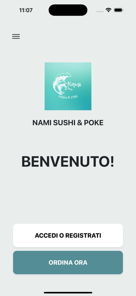 Nami sushi & poke - Nami Sushi and Poke app welcome screen with login and order now buttons