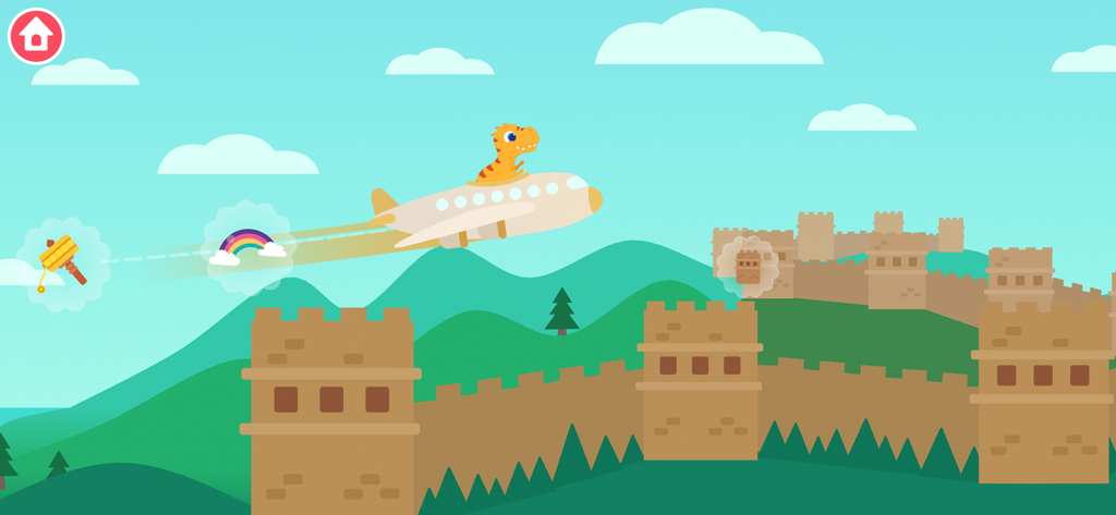 Un dinosaure de dessin animé pilotant un avion au-dessus de la Grande Muraille de Chine dans un jeu pour enfants