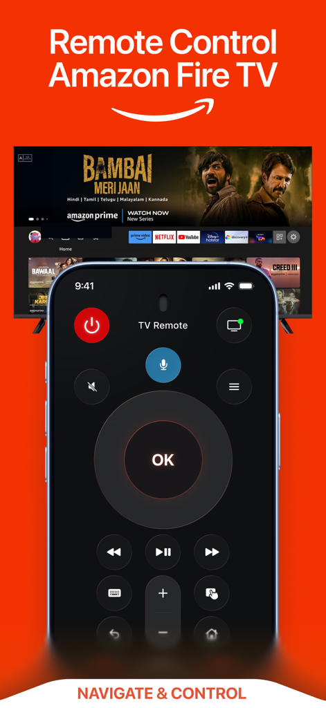 Smartphone screen showing a digital remote control for Amazon Fire TV and Firestick