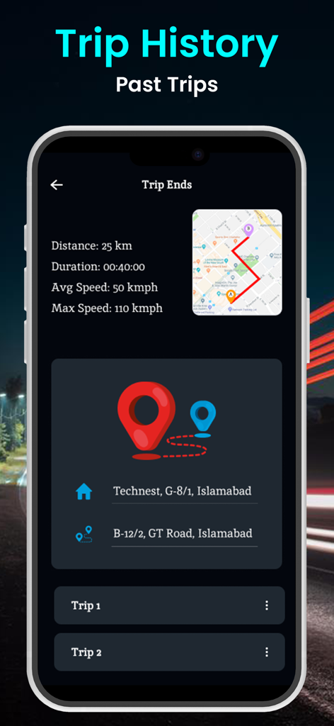 GPS Speedometer app trip history screen showing distance and average speed statistics
