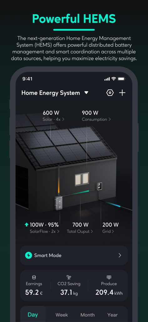 Zendure - Zendure app interface displaying a Home Energy Management System dashboard with real-time solar production and power consumption data