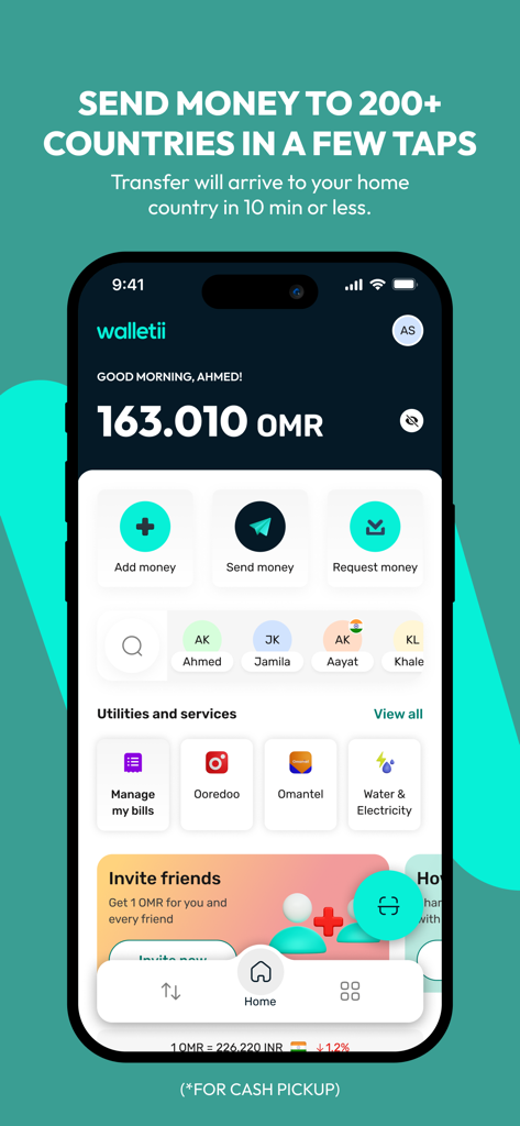 walletii by Ooredoo - Oman - Walletii app home screen showing digital wallet balance and options for international money transfers and bill payments