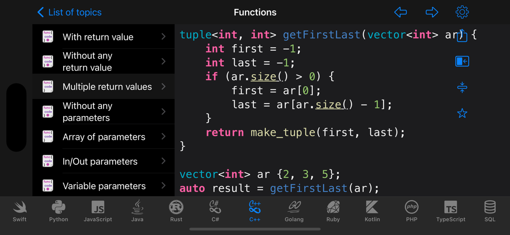 Code Recipes Pro - Code Recipes Pro app interface showing a C plus plus code snippet for multiple return values in dark mode.