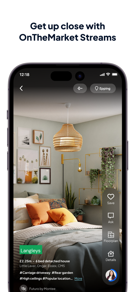 A mobile app screenshot showing the OnTheMarket Streams feature with a high-quality interior view of a luxury bedroom in a UK property listing