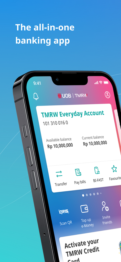 UOB TMRW Indonesia - A smartphone displaying the UOB TMRW banking app dashboard with account balance and quick access to financial services.