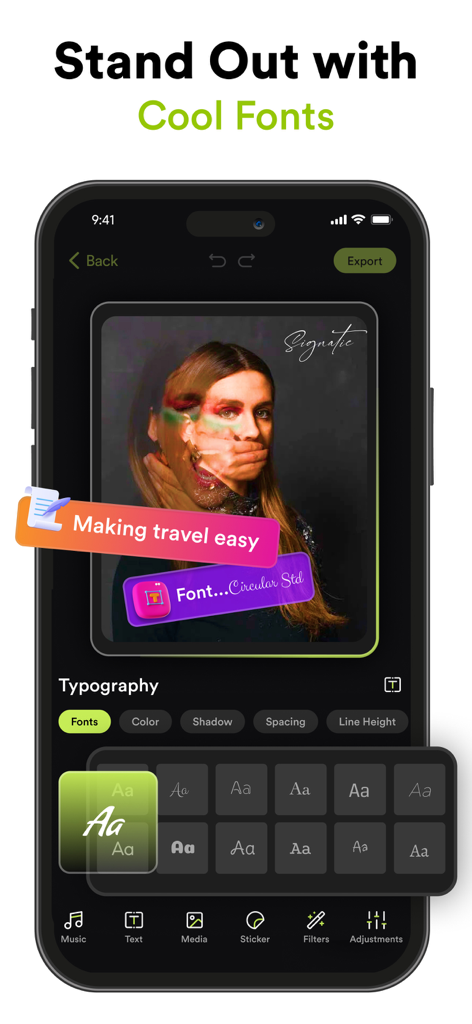 VILO: Video Editor Reel Maker - VILOアプリから、ビデオテキストオーバーレイをカスタマイズするためのスタイリッシュなフォントとタイポグラフィツールの多様な選択肢を示すモバイル画面。
