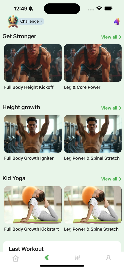KidWorkout 360 Grow Faster - Uma tela de aplicativo móvel mostrando várias categorias de treino para crianças e adolescentes, incluindo força, crescimento em altura e yoga