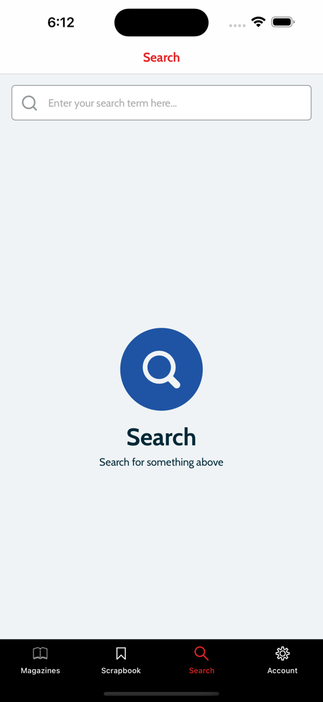 Tatler - Schermata di ricerca dell'app Tatler che mostra una barra di ricerca e un'icona di una grande lente d'ingrandimento.