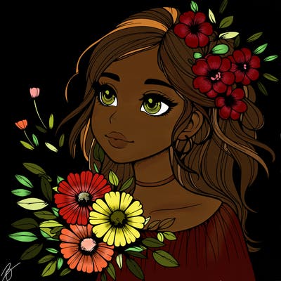 realistic girl with flowers