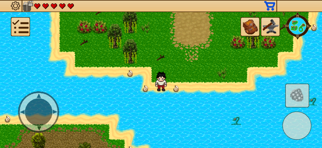 Survival RPG 1: Lost Treasure - Um personagem explora uma praia de ilha tropical em um jogo de sobrevivência retrô de pixel art em 2D.