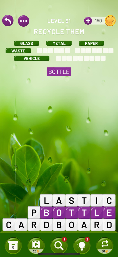 Word Tower: Relaxing Word Game - A screenshot of Word Tower gameplay showing a word search puzzle with a serene green nature background and recycling-related words.