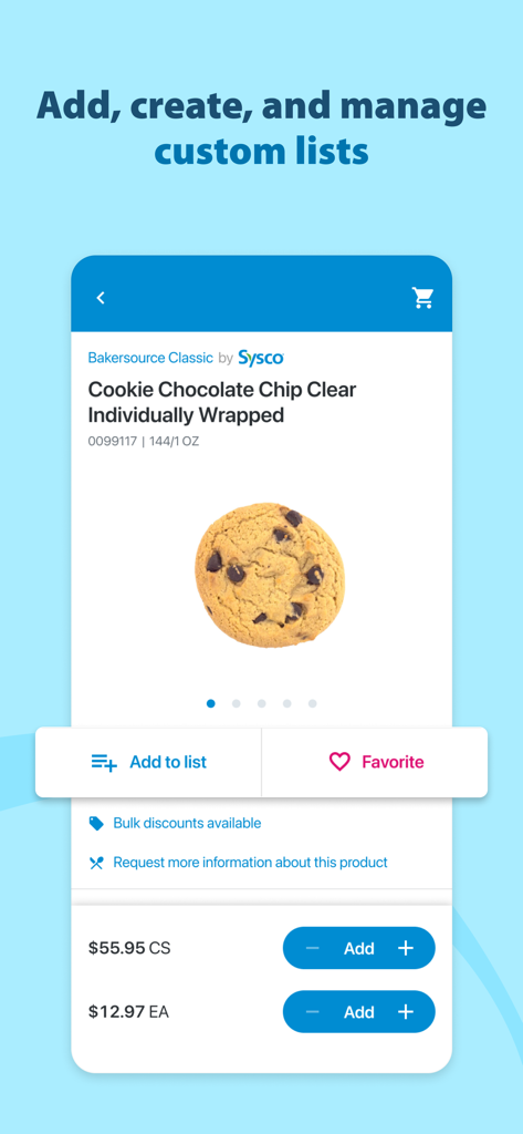 Sysco Shop - Interfaz de la aplicación Sysco Shop para gestionar listas de productos personalizadas y pedir galletas con chispas de chocolate