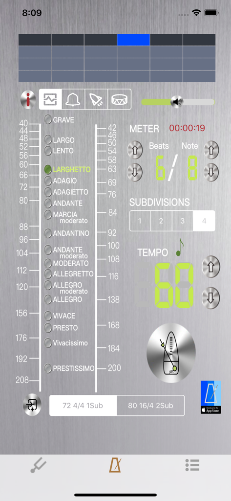 Charango Chillador Tuner - Metronome screen of the Charango Chillador Tuner app showing tempo settings and beat subdivisions