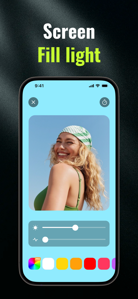 Smartphone-Oberfläche zeigt die Bildschirm-Fülllicht-Funktion mit einstellbarer Helligkeit und Farbauswahlpalette