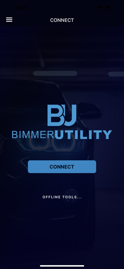 BimmerUtility - BimmerUtility app home screen with connect button and logo