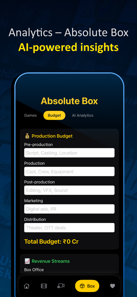 Absolute - Movies & TVShow Box - Pantalla de la aplicación móvil Absolute Box para la gestión del presupuesto de producción y información de análisis de IA.