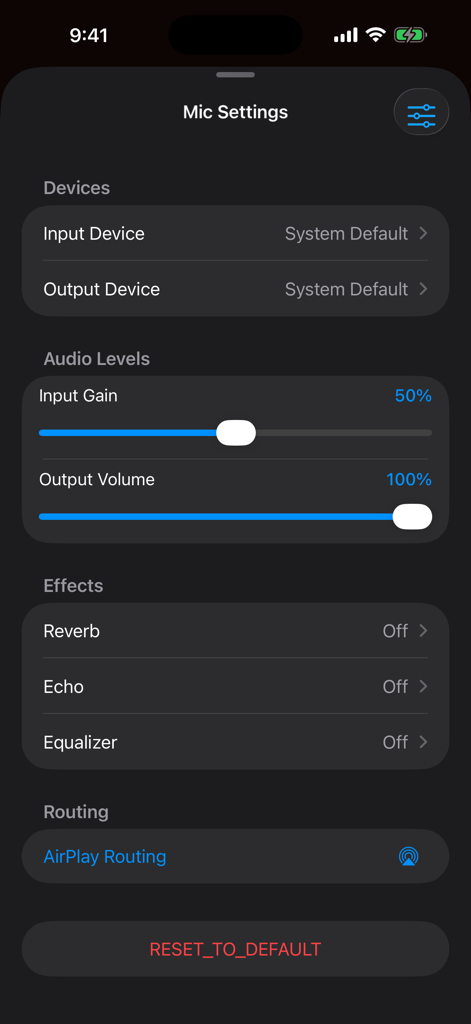 Mic settings screen of the Virtual Mic app showing audio levels and sound effects options