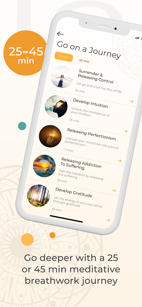 Pause Breathwork Exercises - A mobile screen from the Pause Breathwork app showing a list of 25 and 45 minute meditative journeys for emotional healing and intuition.