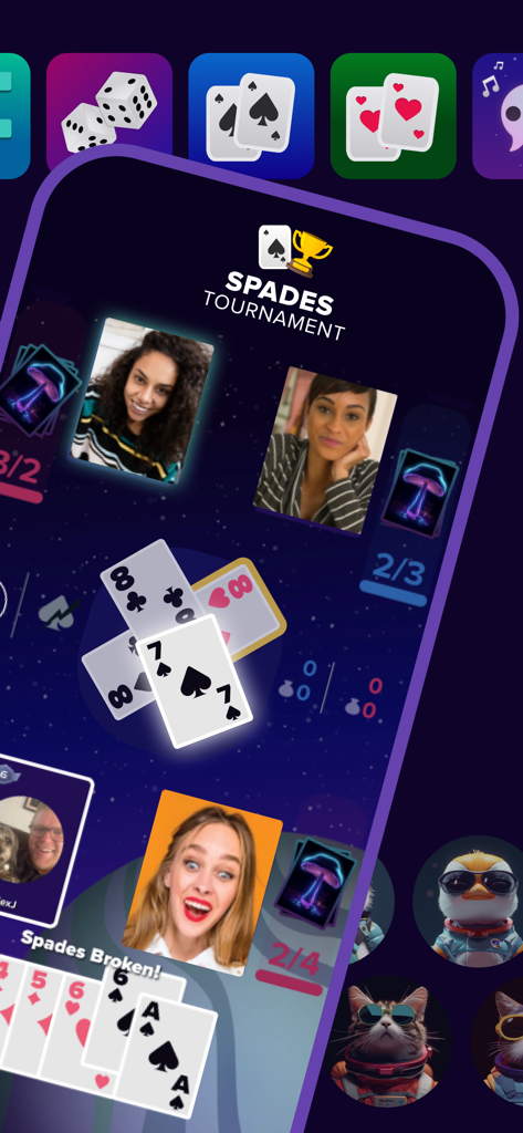 Mobile app interface of pop.in showing a live Spades tournament with four players participating via real-time video chat