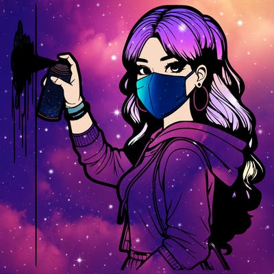 realistic girl with mask spray painting a wall