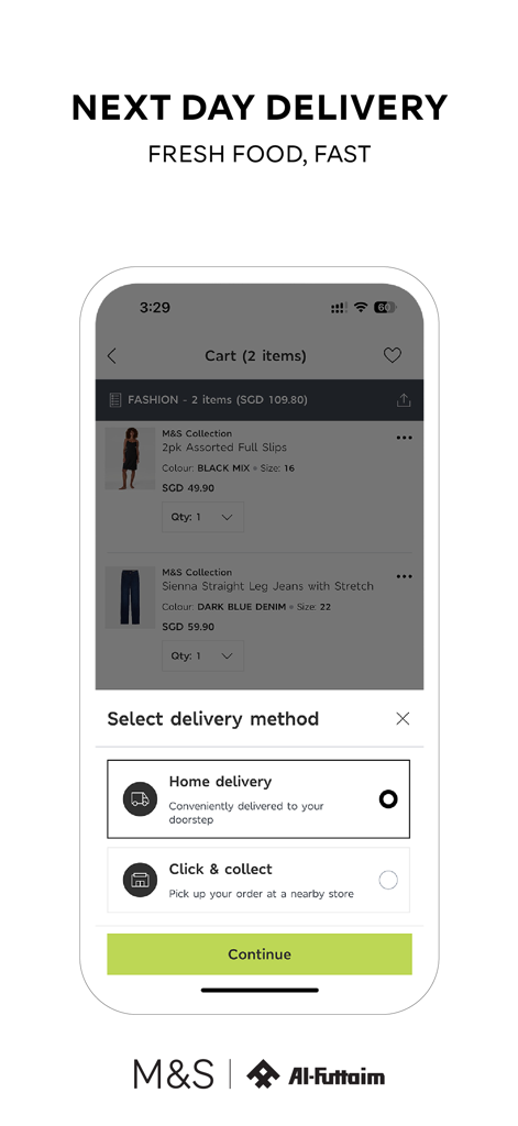 M&S ASIA – Fashion & Food - A mobile screen from the M&S Asia app showing delivery options including home delivery and click and collect for fashion items