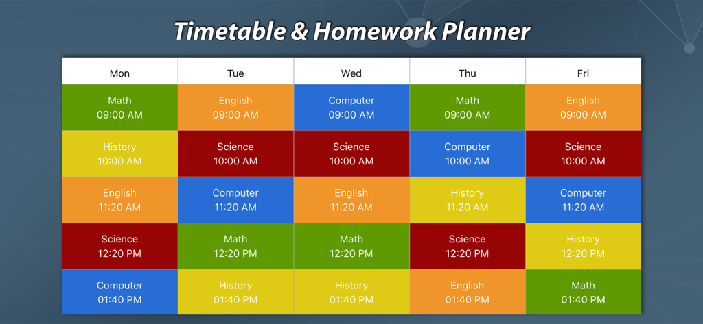 Timetable & Homework Planner - Uma agenda escolar semanal limpa com disciplinas e horários codificados por cores.