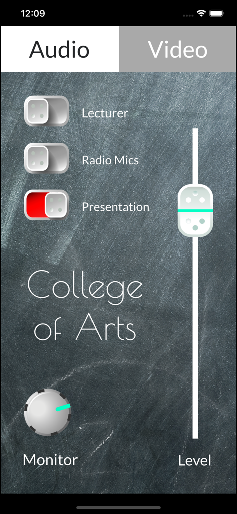 Custom Control App interface for College of Arts featuring audio toggles and level controls on a chalkboard background