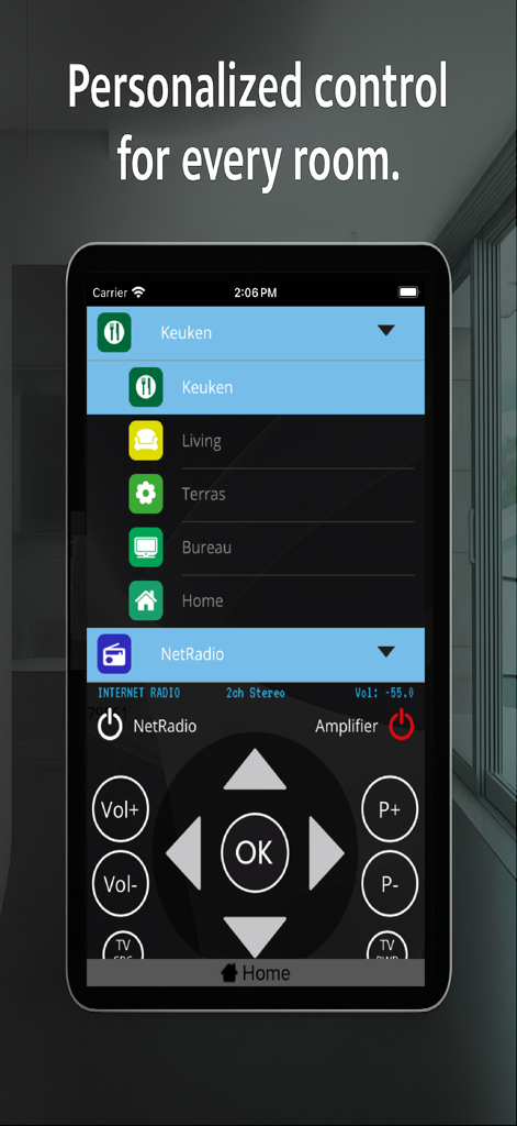 MyURemote - Universal Remote - MyURemote app interface showing multi room selection and universal remote control for an amplifier