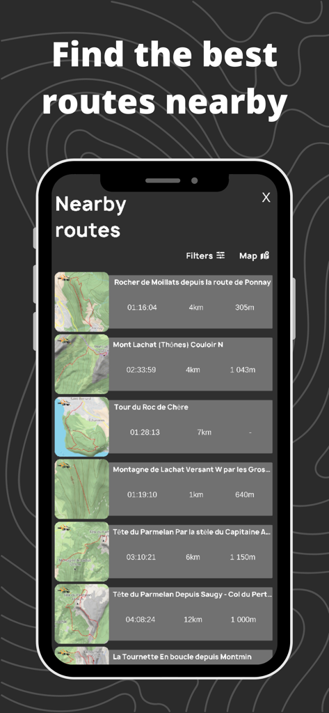 Relief Maps : backcountry gps - Relief Maps app interface displaying a list of nearby backcountry routes with technical data and topographic map thumbnails.