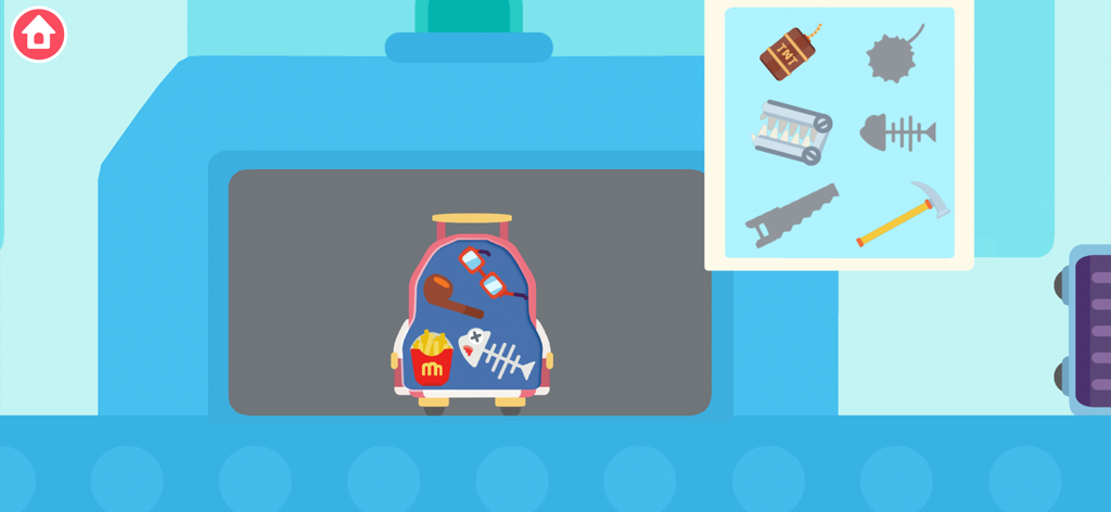 Une machine à rayons X de dessin animé scannant un sac à dos à l'aéroport dans le jeu Dinosaur Airport.