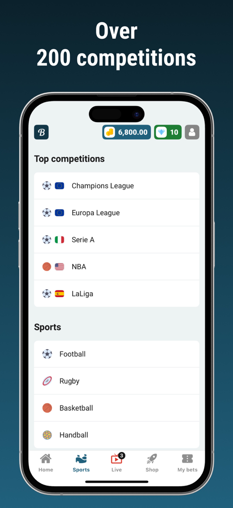 Betoven - Sports Betting - Interfaz de la aplicación Betoven que muestra competiciones y categorías deportivas