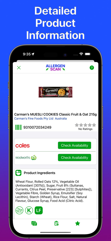 Allergen Scan - Pantalla de un smartphone que muestra la lista de ingredientes y la disponibilidad en tienda en la aplicación Allergen Scan