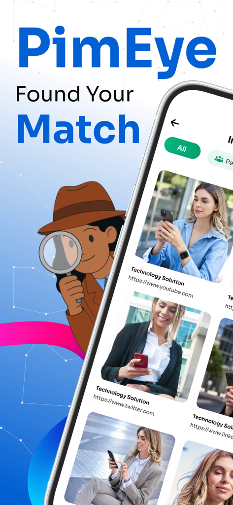 PimEyesアプリのインターフェース。探偵のイラストと、ソーシャルメディアリンク付きの顔検索結果が表示されている