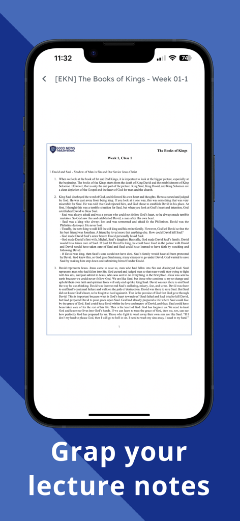 Uma tela de celular mostrando notas de palestras teológicas para Os Livros de Reis dentro do aplicativo Good News Theology.