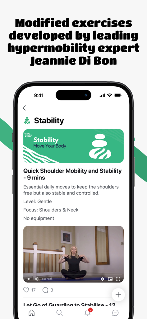 The Zebra Club - La interfaz de la aplicación The Zebra Club que muestra un video de ejercicio de estabilidad para la hipermobilidad