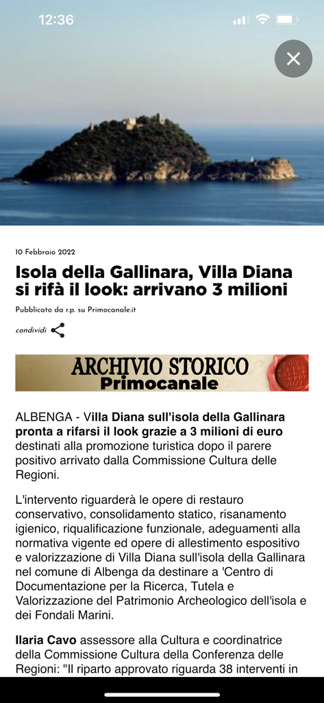 Primocanale.it - Nachrichtenartikel-Bildschirm aus der Primocanale-App mit einem Foto der Insel Gallinara in Ligurien