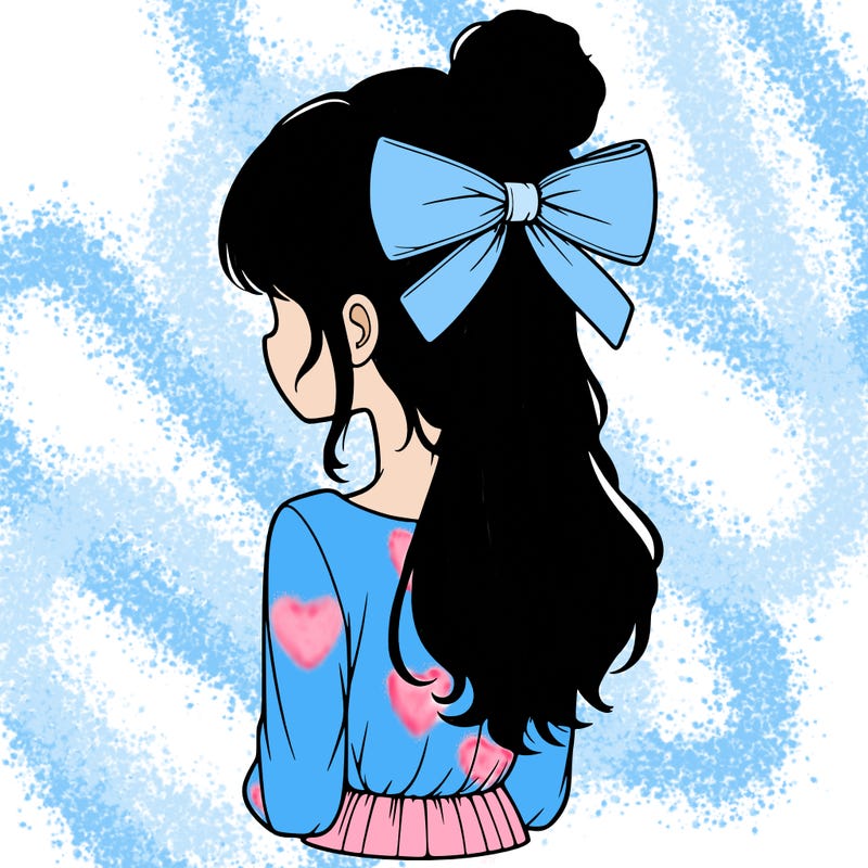 realistic girl  with hip length hair a bun and a big bow on the back of head