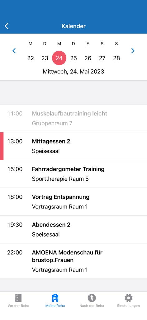 Hamm Kliniken - Programme quotidien de réadaptation oncologique dans la vue calendrier de l'application Hamm Kliniken