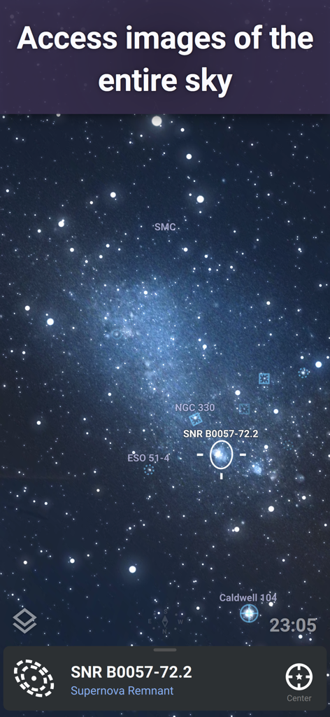 A high-resolution deep sky view of a supernova remnant and star clusters within the Stellarium Mobile app interface