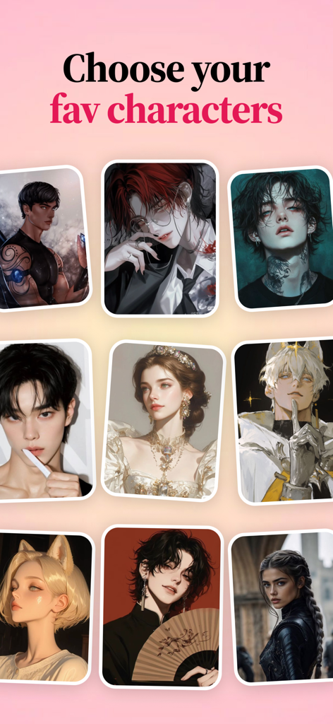 Tease: Spicy Romantic Fiction - Ein Raster mit neun verschiedenen KI-generierten Charakterporträts auf dem Charakterauswahlbildschirm der Tease App.