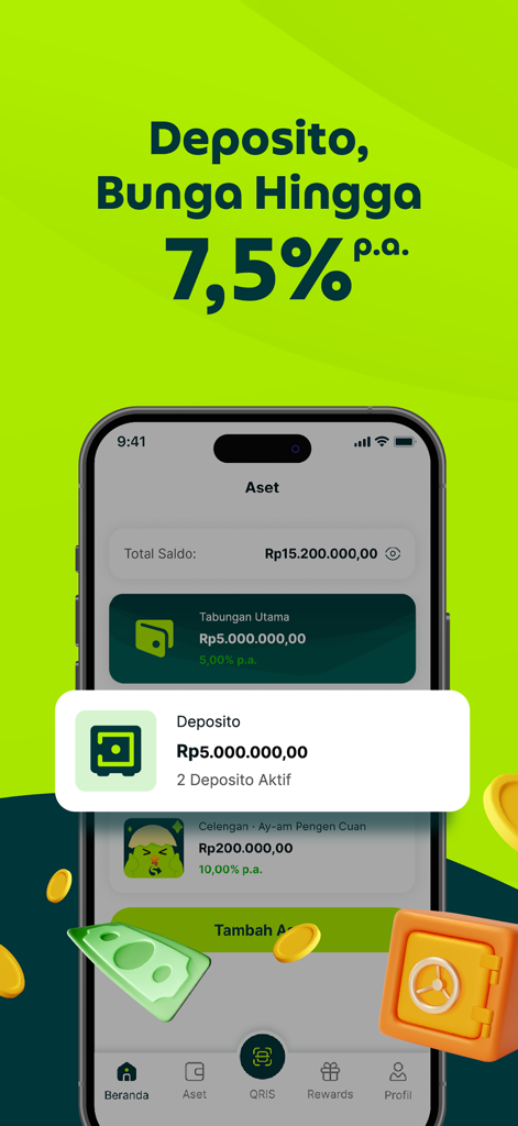 Superbank: Save, Borrow, Grow - Superbank app interface showing a 7.5 percent annual interest rate for deposit accounts.