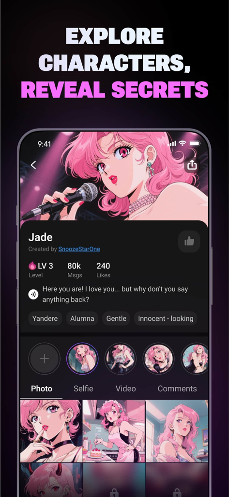 롤플레잉 태그 및 사진 갤러리와 함께 애니메이션 캐릭터 프로필을 보여주는 Flipped AI 채팅 앱의 모바일 인터페이스