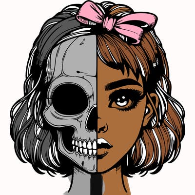 realistic girl with half skull mask